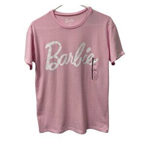 BARBIE GRAPHIC TEE T-SHIRT SHORT SLEEVE PINK WHITE SPELL OUT SIZE M MATTEL NWT